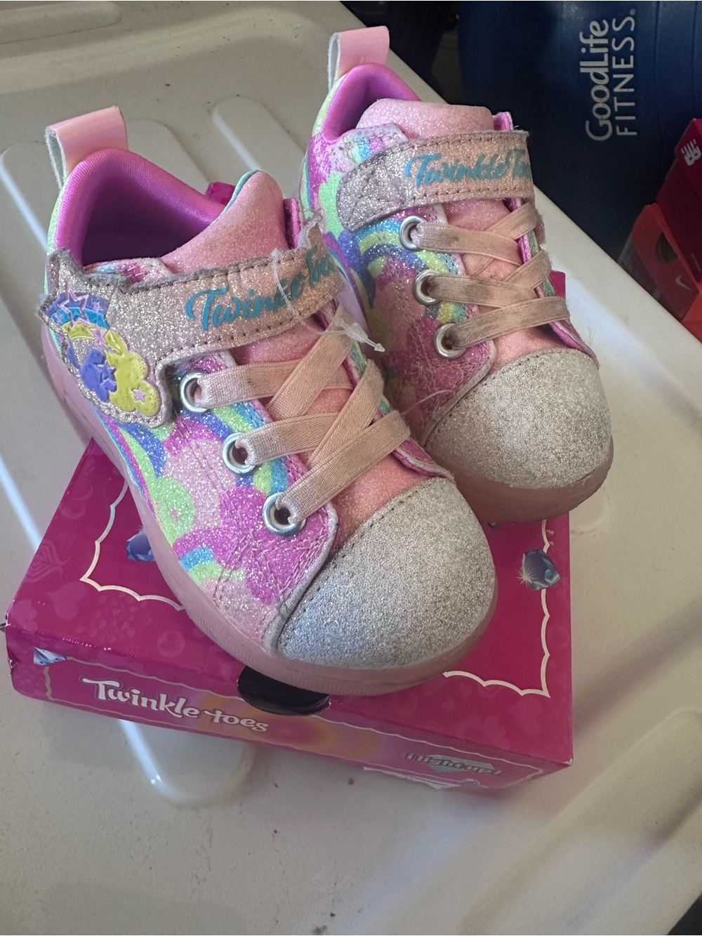 Skechers Twinkle-Toes Pink Glitter Light-Up Sneakers with Rainbow Accents